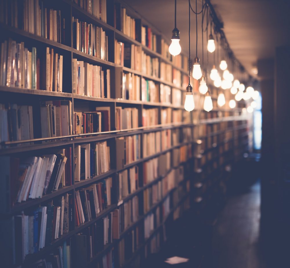 academic to user experience research shelves of books with edison lights