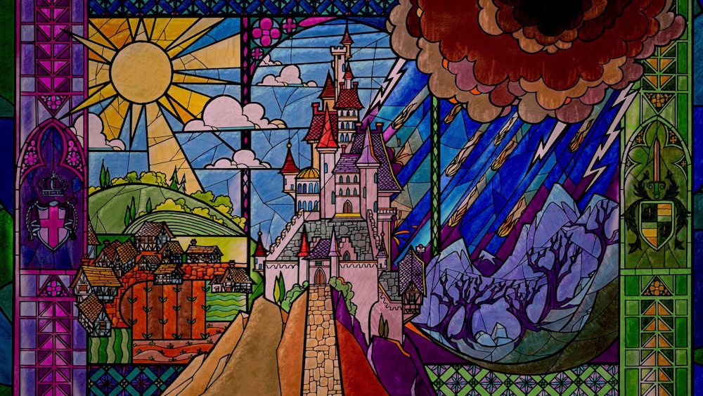 Stained-glass window prologue from Beauty and the Beast