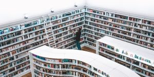 Someone picks out a book from a maze of shelves