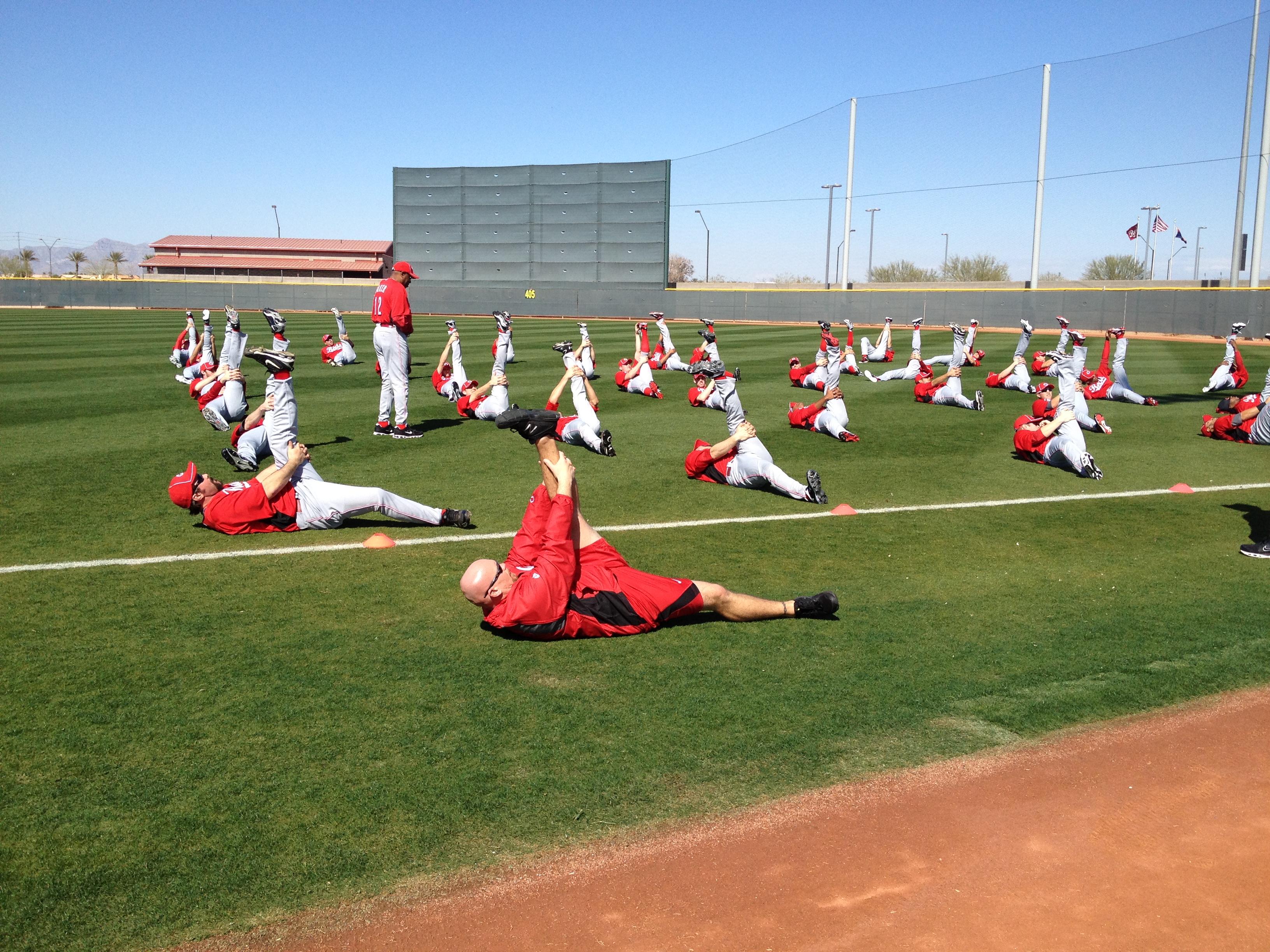 Photo of a baseball team stretching during spring training