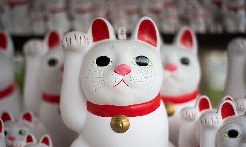 A collection of waving Japanese cat figurines