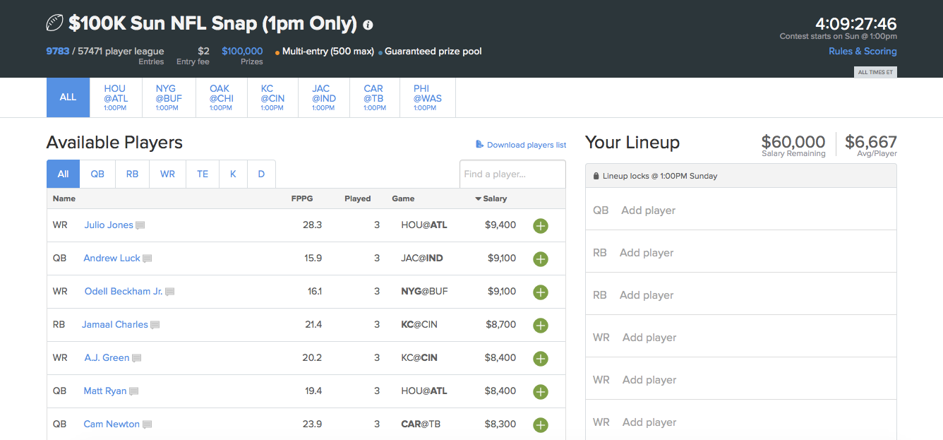 FanDuel lineup builder