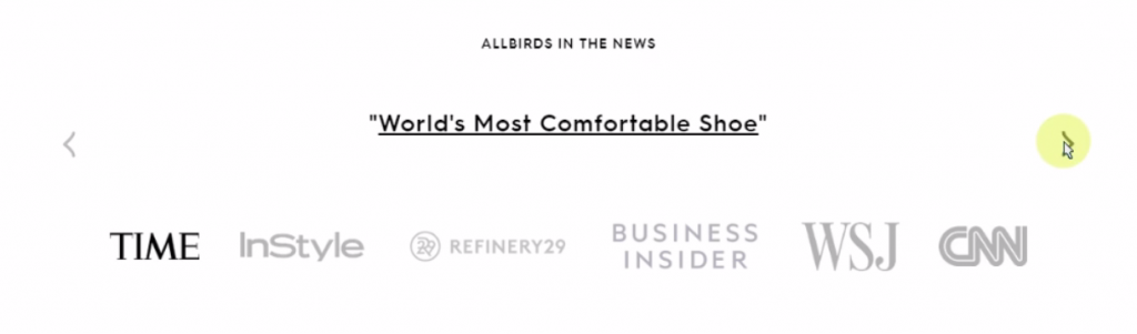 Allbirds displays endorsements from publications