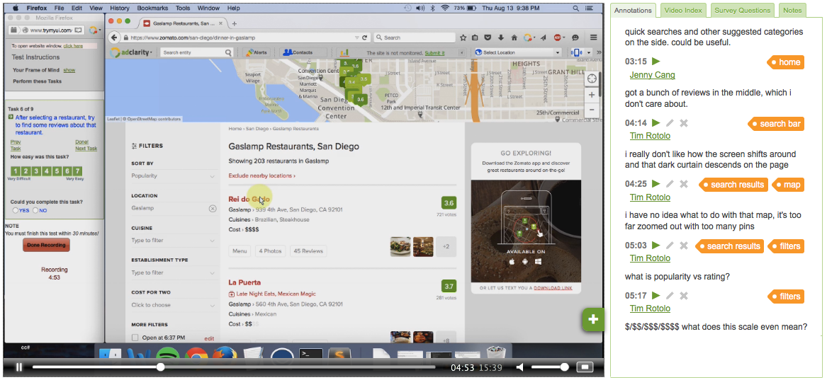 Screenshot of user testing video with annotations panel alongside