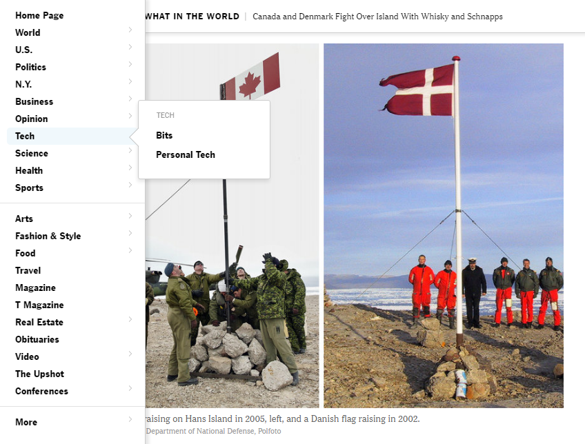 The Sections menu on the New York Times