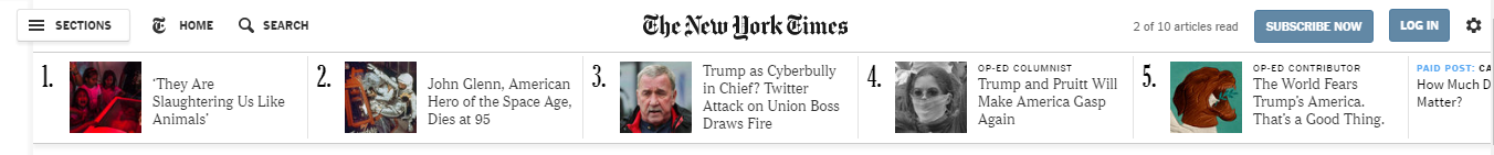 New York Times' top bar of breaking news links