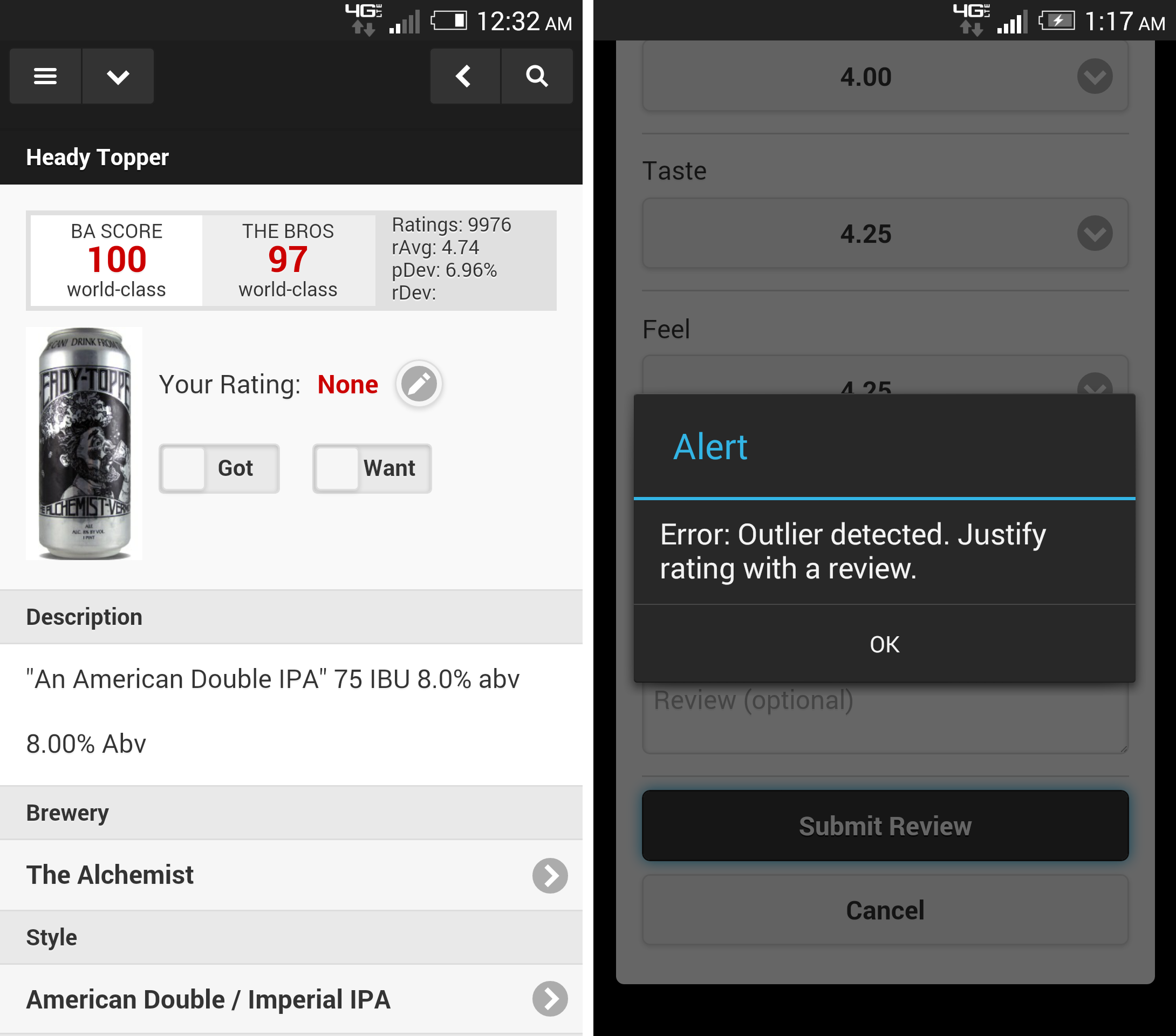 Screenshots of the rating process on BeerAdvocate