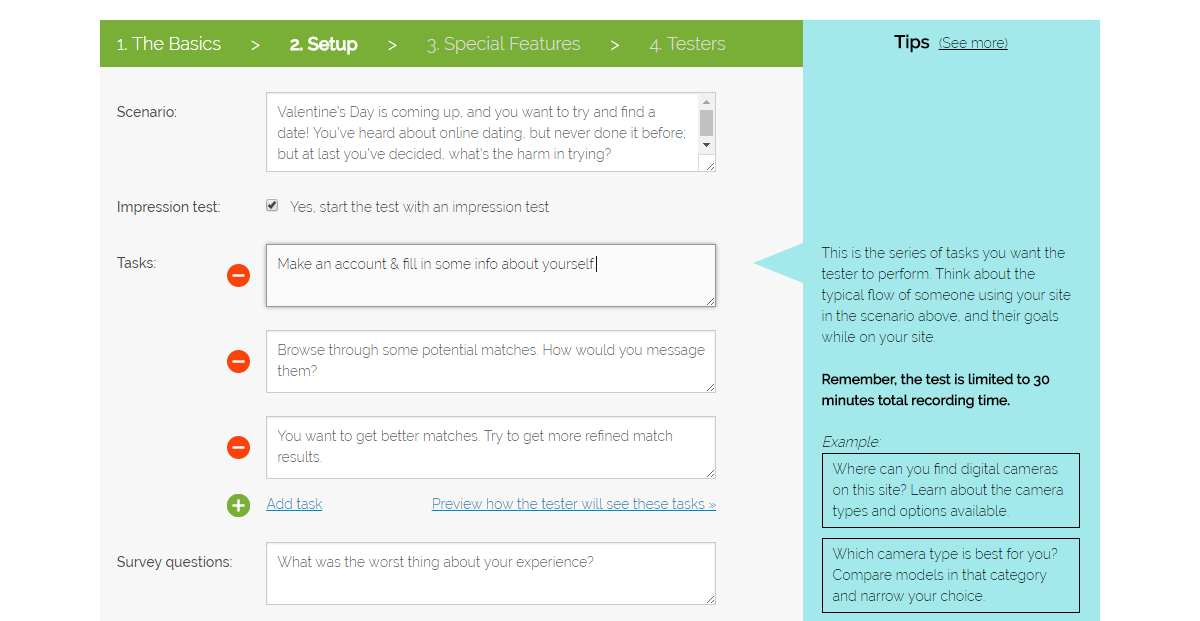 Setting up your user test, step 2: Setup