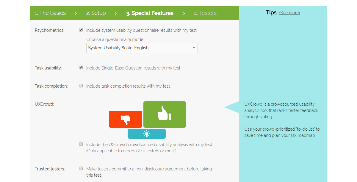 Setting up your user test, step 3: Special features