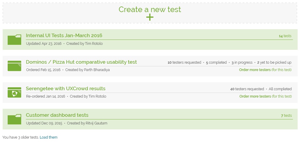 User tests and folders on the prototype mockup