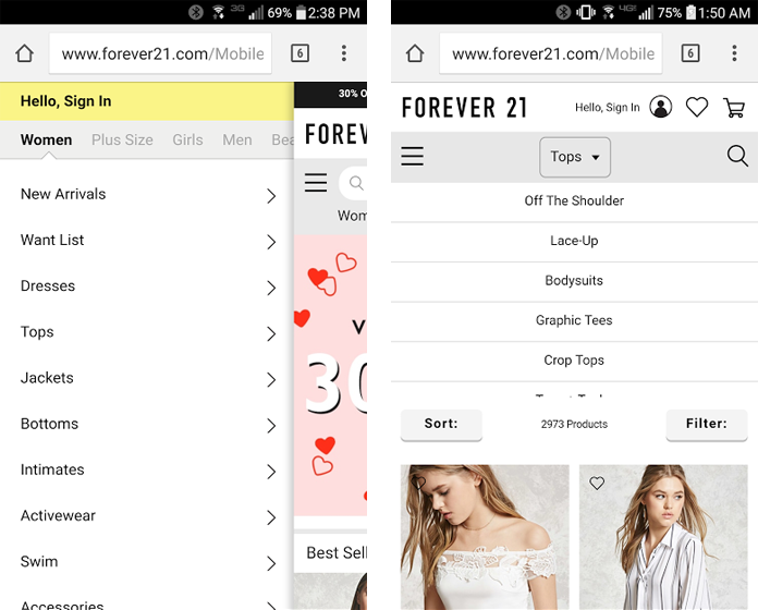 Forever 21's navigation elements