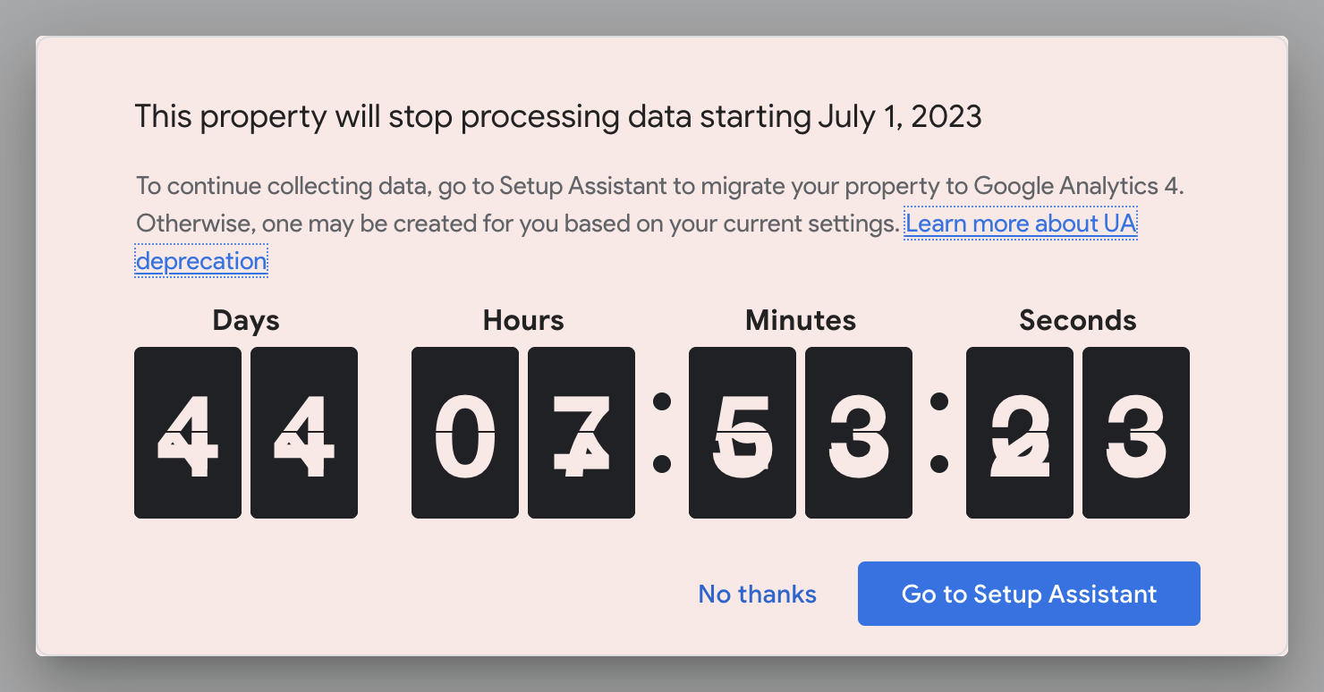 Popup warning of the upcoming Google Analytics 4 switch
