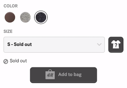 Color and size pickers on the H&M mobile site
