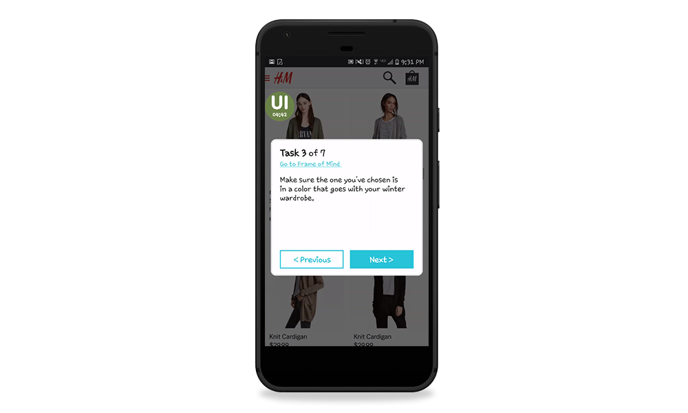 Usability testing tasks display on H&M mobile test