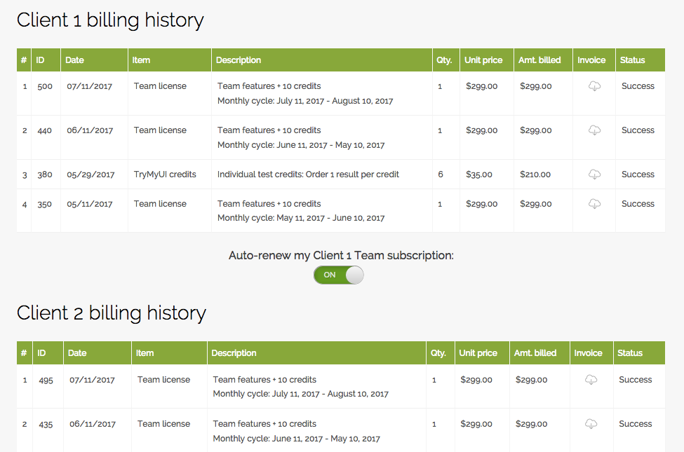 Example billing histories for 2 different client licenses under an Agency account