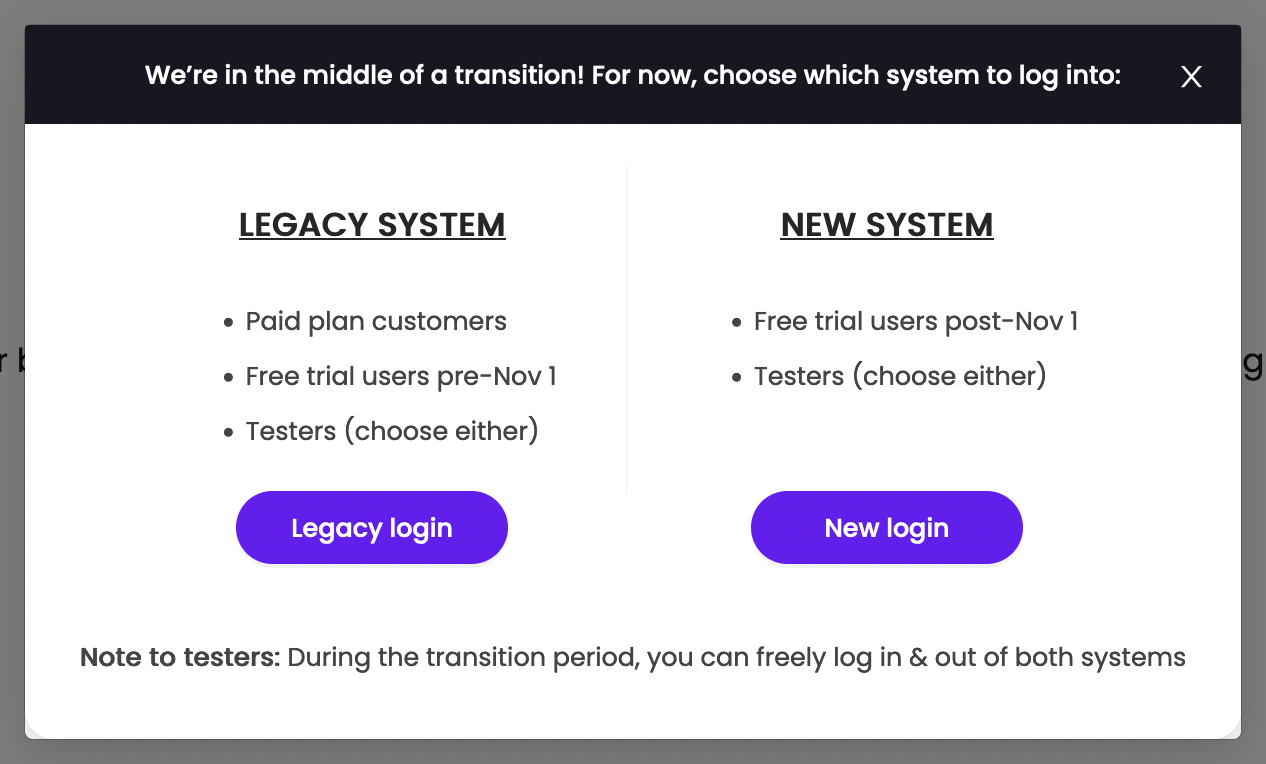 When logging into Trymata, this popup will route you to the correct system