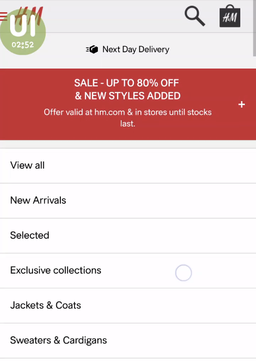 Screenshot of the "persistent" banner on H&M's mobile website