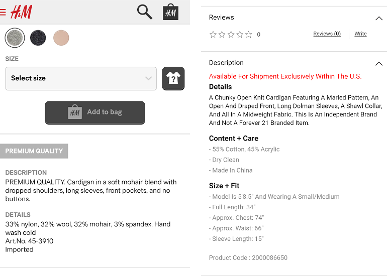 Product details from H&M and Forever 21 websites