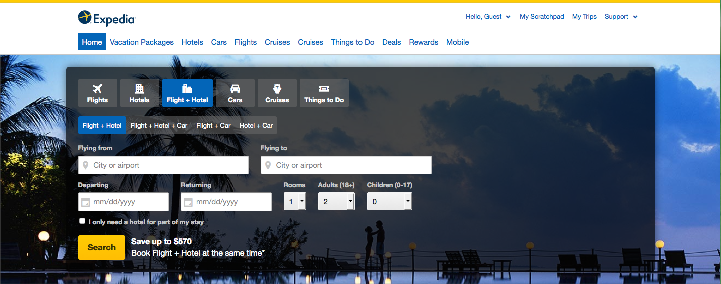 Screenshot of Expedia home screen