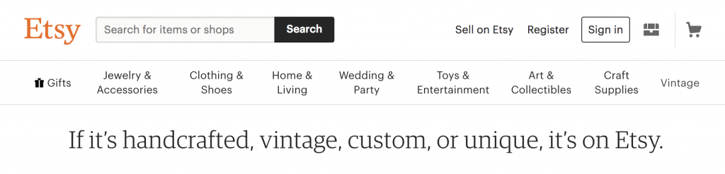 Etsy main menu makes it easy to navigate site. 
