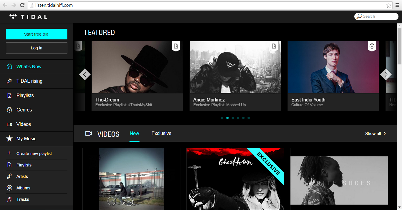 Screenshot of the Tidal main page