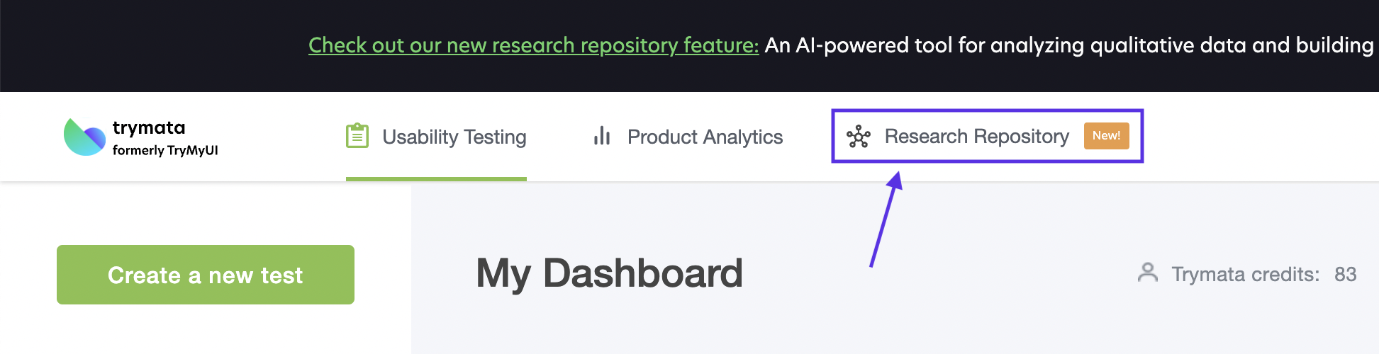Access your free research repository account through the Trymata navigation header in your account
