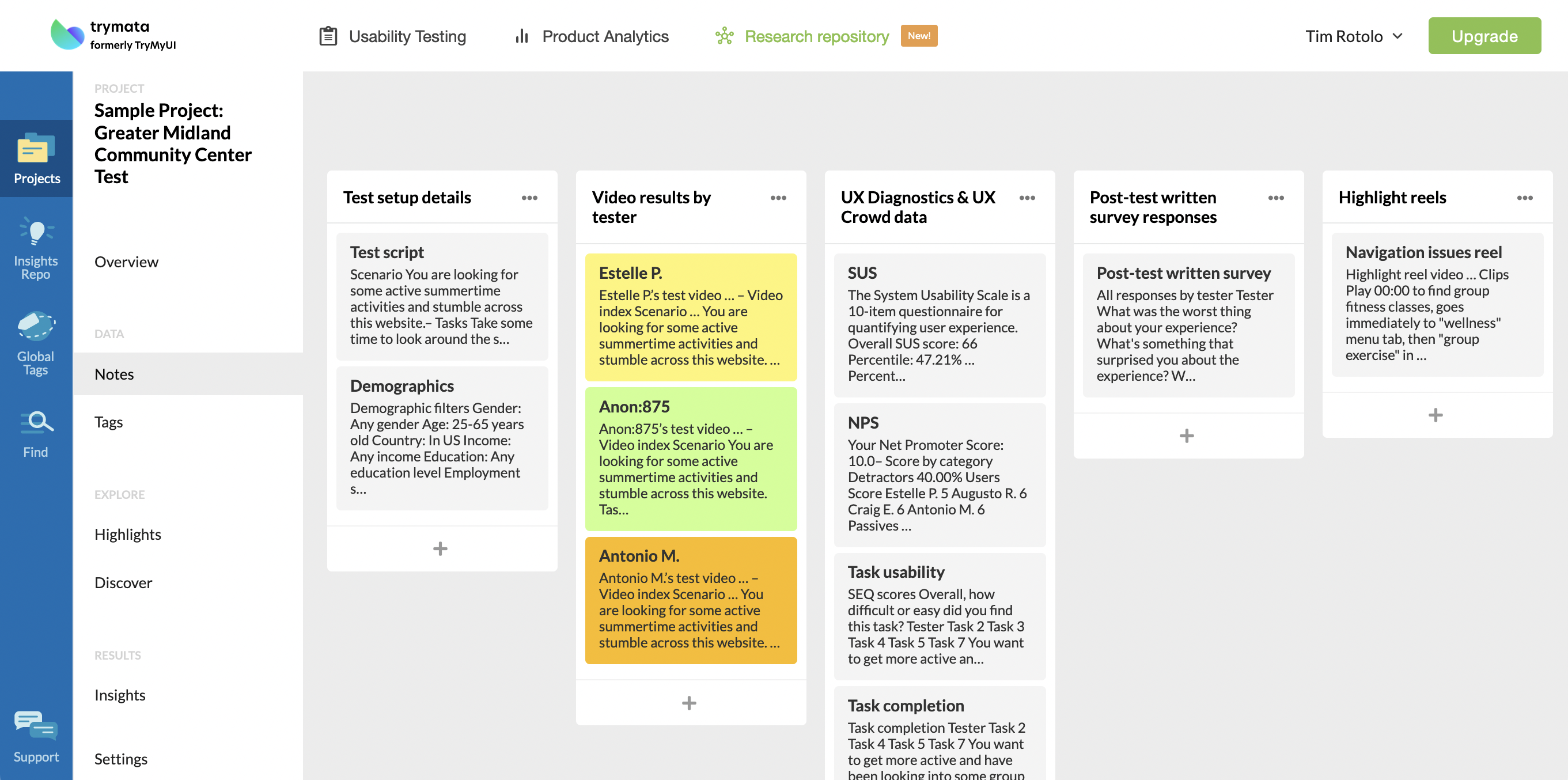 Research data is entered into notes, grouped in labeled columns, within each project