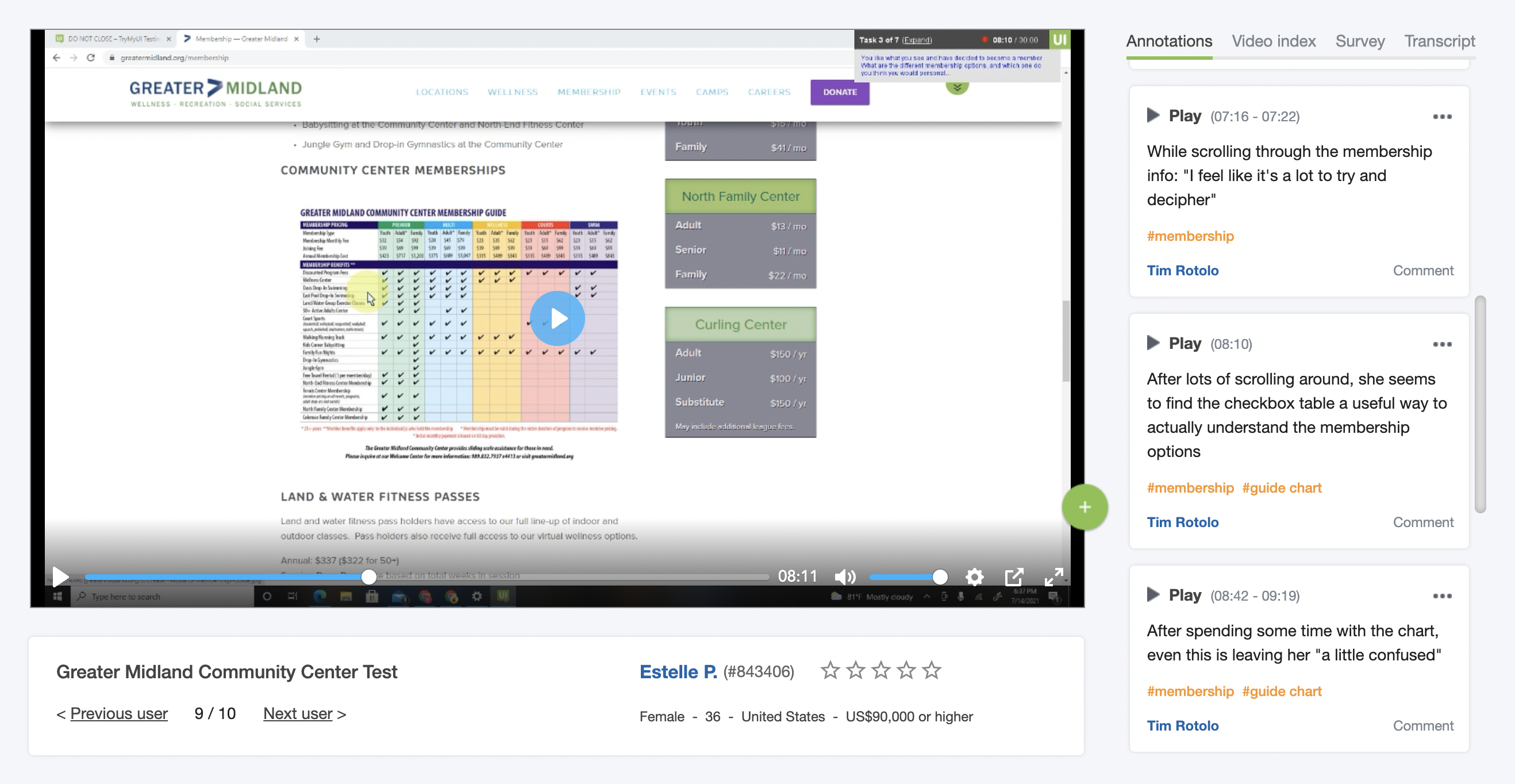 Tagged and timestamped video annotations alongside a Trymata user testing session video