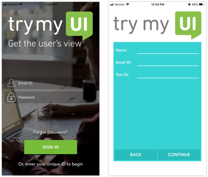 Sign-in screen and unique code screen for your own testers