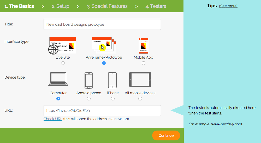 TryMyUI usability test set-up with InVision prototype testing link