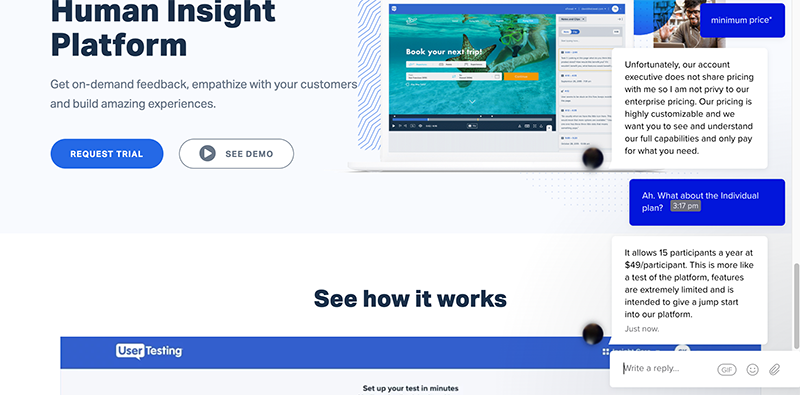 Screenshot of pricing conversation with UserTesting - Individual Plan