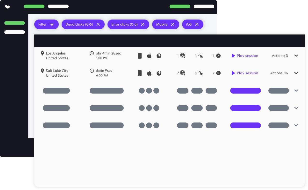 Web visitor logs filtered for frustration indicators on the Trymata Product Analytics suite