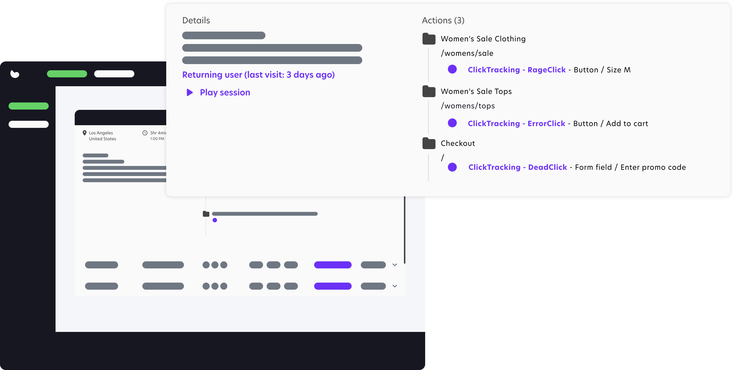 Visitor logs session view in the Trymata product analytics suite