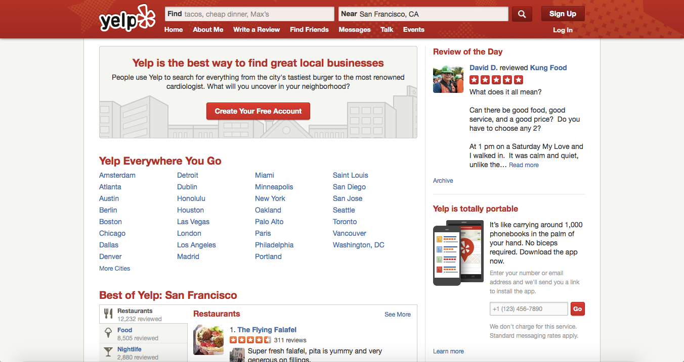 Screenshot of Yelp home page